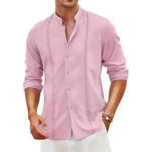 imageCOOFANDY Mens Cuban Guayabera Shirts Casual Long Sleeve Button Down Shirts Band Collar Linen Summer Beach ShirtsLight Pink
