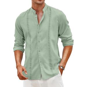 imageCOOFANDY Mens Cuban Guayabera Shirts Casual Long Sleeve Button Down Shirts Band Collar Linen Summer Beach ShirtsMint Green