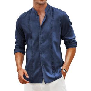 imageCOOFANDY Mens Cuban Guayabera Shirts Casual Long Sleeve Button Down Shirts Band Collar Linen Summer Beach ShirtsNavy Blue