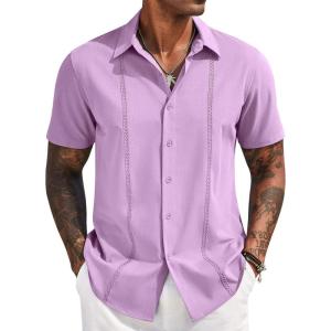 imageCOOFANDY Mens Cuban Guayabera Short Sleeve Shirt Casual Summer Beach Tops Button Down Untucked ShirtsLight Purple