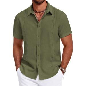 imageCOOFANDY Mens Cuban Guayabera Summer Beach Short Sleeve Casual Vacation Wedding ShirtArmy Green