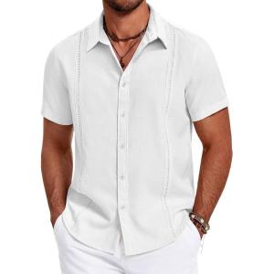 imageCOOFANDY Mens Cuban Guayabera Summer Beach Short Sleeve Casual Vacation Wedding ShirtAwhite