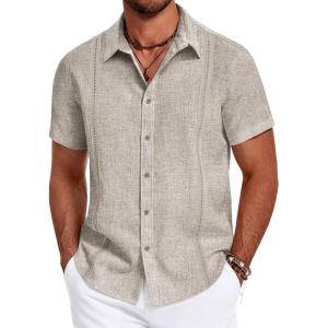 imageCOOFANDY Mens Cuban Guayabera Summer Beach Short Sleeve Casual Vacation Wedding ShirtBeige
