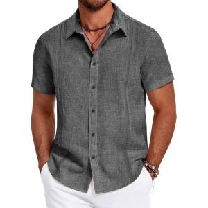 imageCOOFANDY Mens Cuban Guayabera Summer Beach Short Sleeve Casual Vacation Wedding ShirtDark Gray