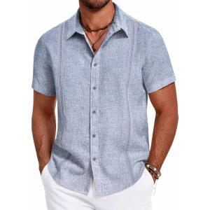 imageCOOFANDY Mens Cuban Guayabera Summer Beach Short Sleeve Casual Vacation Wedding ShirtGreyblue