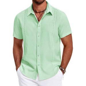 imageCOOFANDY Mens Cuban Guayabera Summer Beach Short Sleeve Casual Vacation Wedding ShirtIce Green