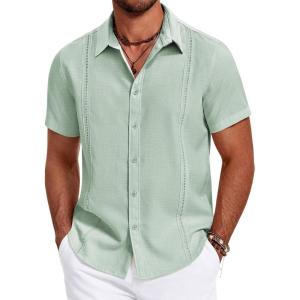 imageCOOFANDY Mens Cuban Guayabera Summer Beach Short Sleeve Casual Vacation Wedding ShirtLight Green