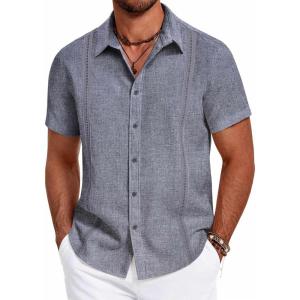 imageCOOFANDY Mens Cuban Guayabera Summer Beach Short Sleeve Casual Vacation Wedding ShirtNavy Blue