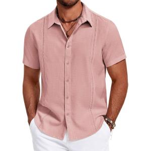 imageCOOFANDY Mens Cuban Guayabera Summer Beach Short Sleeve Casual Vacation Wedding ShirtPink