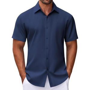 imageCOOFANDY Mens Dress Shirts Button Down Short Sleeve Shirt Summer Shirts Business Casual Wedding ShirtDark Blue