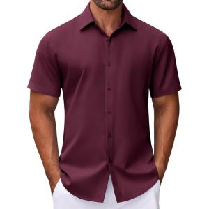 imageCOOFANDY Mens Dress Shirts Button Down Short Sleeve Shirt Summer Shirts Business Casual Wedding ShirtDeep Red