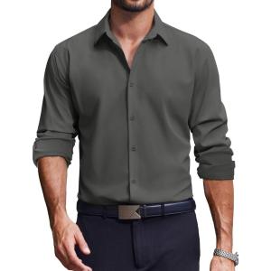 imageCOOFANDY Mens Dress Shirts Long Sleeve Casual Button Down Shirt Solid Wrinkle Free Formal Business ShirtsArmy Green