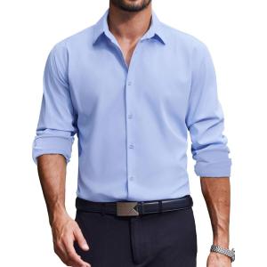 imageCOOFANDY Mens Dress Shirts Long Sleeve Casual Button Down Shirt Solid Wrinkle Free Formal Business ShirtsClear Blue