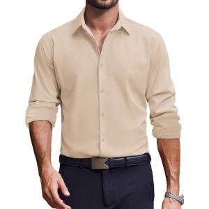imageCOOFANDY Mens Dress Shirts Long Sleeve Casual Button Down Shirt Solid Wrinkle Free Formal Business ShirtsLight Khaki