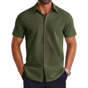 imageCOOFANDY Mens Dress Shirts Short Sleeve Lightweight Wrinkle Free Untucked Button Down ShirtArmy Green
