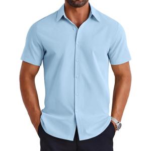 imageCOOFANDY Mens Dress Shirts Short Sleeve Lightweight Wrinkle Free Untucked Button Down ShirtClear Blue