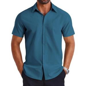 imageCOOFANDY Mens Dress Shirts Short Sleeve Lightweight Wrinkle Free Untucked Button Down ShirtDark Blue