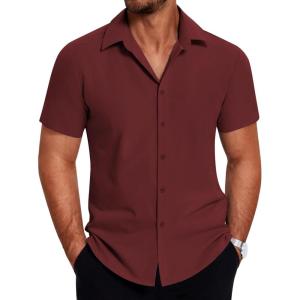 imageCOOFANDY Mens Dress Shirts Short Sleeve Lightweight Wrinkle Free Untucked Button Down ShirtDark Red