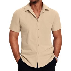 imageCOOFANDY Mens Dress Shirts Short Sleeve Lightweight Wrinkle Free Untucked Button Down ShirtLight Coffee
