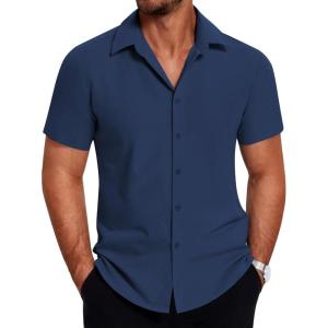 imageCOOFANDY Mens Dress Shirts Short Sleeve Lightweight Wrinkle Free Untucked Button Down ShirtNavy Blue