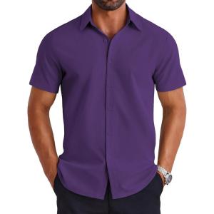 imageCOOFANDY Mens Dress Shirts Short Sleeve Lightweight Wrinkle Free Untucked Button Down ShirtPurple