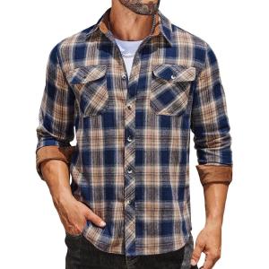 imageCOOFANDY Mens Fall Plaid Button Down Shirt Long Sleeve Casual Cowboy Work Shirts Lightweight Flannel Shirts Two PocketPlaidnavy Khaki Plaid