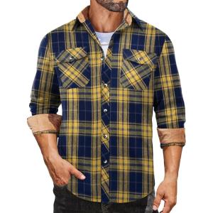imageCOOFANDY Mens Fall Plaid Button Down Shirt Long Sleeve Casual Cowboy Work Shirts Lightweight Flannel Shirts Two PocketPlaidyellow Navy Plaid