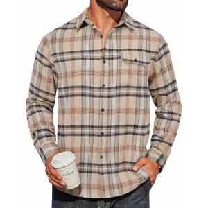 imageCOOFANDY Mens Flannel Plaid Shirts Long Sleeve Casual Button Down Cotton Shirt with PocketKhaki Black Plaid