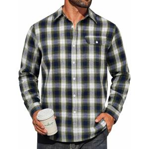 imageCOOFANDY Mens Flannel Plaid Shirts Long Sleeve Casual Button Down Cotton Shirt with PocketNavy Green Plaid