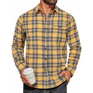 imageCOOFANDY Mens Flannel Plaid Shirts Long Sleeve Casual Button Down Cotton Shirt with PocketYellow Navy Plaid
