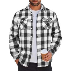 imageCOOFANDY Mens Flannel Shirts Casual Button Down Plaid Shirt Jacket Long Sleeve Fleece Shacket with PocketsClassic Black