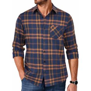 imageCOOFANDY Mens Flannel Shirts Long Sleeve Button Down Plaid Shirt Lightweight Shirt JacketOrange Navy Blue