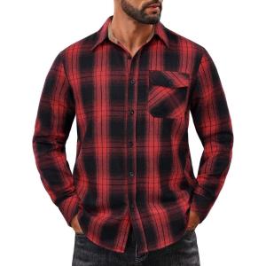 imageCOOFANDY Mens Flannel Shirts Long Sleeve Button Down Shirt Casual Plaid Shirts with PocketRed Black Plaid