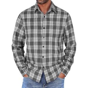 imageCOOFANDY Mens Flannel Shirts Long Sleeve Button Down Shirt with Pocket Casual Shirts Work Shirts for MenDark Grey and White