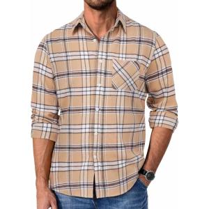 imageCOOFANDY Mens Flannel Shirts Long Sleeve Plaid Button Down Shirt Casual Cotton Shirt with PocketPlaid Khaki
