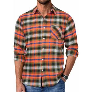 imageCOOFANDY Mens Flannel Shirts Long Sleeve Plaid Button Down Shirt Casual Cotton Shirt with PocketPlaid Orangegreen
