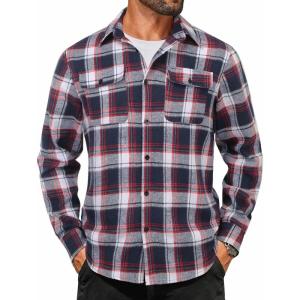 imageCOOFANDY Mens Flannel Shirts Long Sleeve Plaid Button Down Shirt Cotton Casual Work Shirts with PocketsNavy Red White