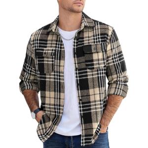 imageCOOFANDY Mens Flannel Shirts Long Sleeve Plaid Shirt Jacket Button Down Shirt with PocketsKhaki