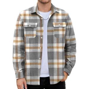 imageCOOFANDY Mens Flannel Shirts Long Sleeve Plaid Shirt Jacket Button Down Shirt with PocketsLight Khaki