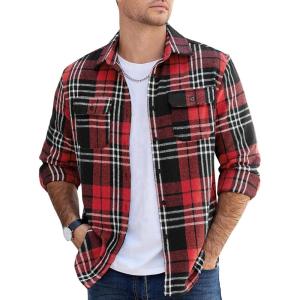 imageCOOFANDY Mens Flannel Shirts Long Sleeve Plaid Shirt Jacket Button Down Shirt with PocketsRed