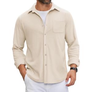 imageCOOFANDY Mens Flannel Shirts Long Sleeve Thermal Button Down Shirt Shacket Lightweight JacketBeige