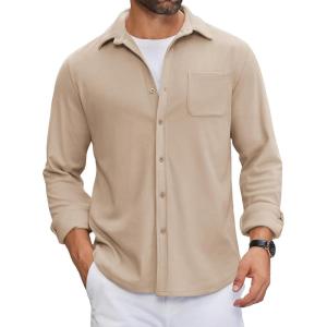 imageCOOFANDY Mens Flannel Shirts Long Sleeve Thermal Button Down Shirt Shacket Lightweight JacketKhaki