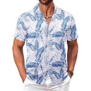 imageCOOFANDY Mens Hawaiian Floral Shirts Short Sleeve Button Down Shirts Tropical Summer Beach ShirtsA Palm Leafwhite Blue