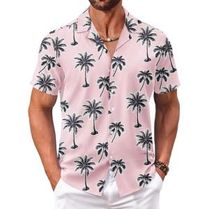 imageCOOFANDY Mens Hawaiian Floral Shirts Short Sleeve Button Down Shirts Tropical Summer Beach ShirtsCoconut Treepink