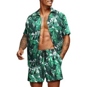 imageCOOFANDY Mens Hawaiian Matching Set Summer Beach 2 Piece Outfits Flower Button Down Shirts and Shorts Vacation OutfitsBaliwhite