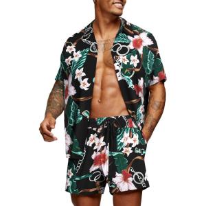 imageCOOFANDY Mens Hawaiian Matching Set Summer Beach 2 Piece Outfits Flower Button Down Shirts and Shorts Vacation OutfitsBlack  Flower