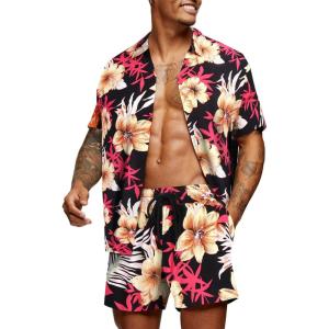 imageCOOFANDY Mens Hawaiian Matching Set Summer Beach 2 Piece Outfits Flower Button Down Shirts and Shorts Vacation OutfitsBlack  Orange Flower