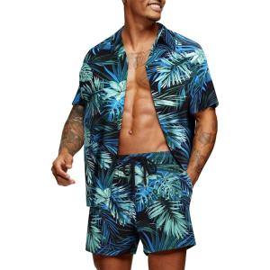 imageCOOFANDY Mens Hawaiian Matching Set Summer Beach 2 Piece Outfits Flower Button Down Shirts and Shorts Vacation OutfitsBlue  Green