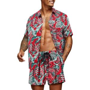 imageCOOFANDY Mens Hawaiian Matching Set Summer Beach 2 Piece Outfits Flower Button Down Shirts and Shorts Vacation OutfitsFlaming Oasis