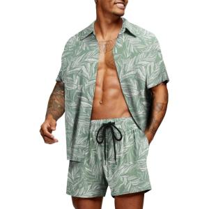 imageCOOFANDY Mens Hawaiian Matching Set Summer Beach 2 Piece Outfits Flower Button Down Shirts and Shorts Vacation OutfitsGreen Leaves